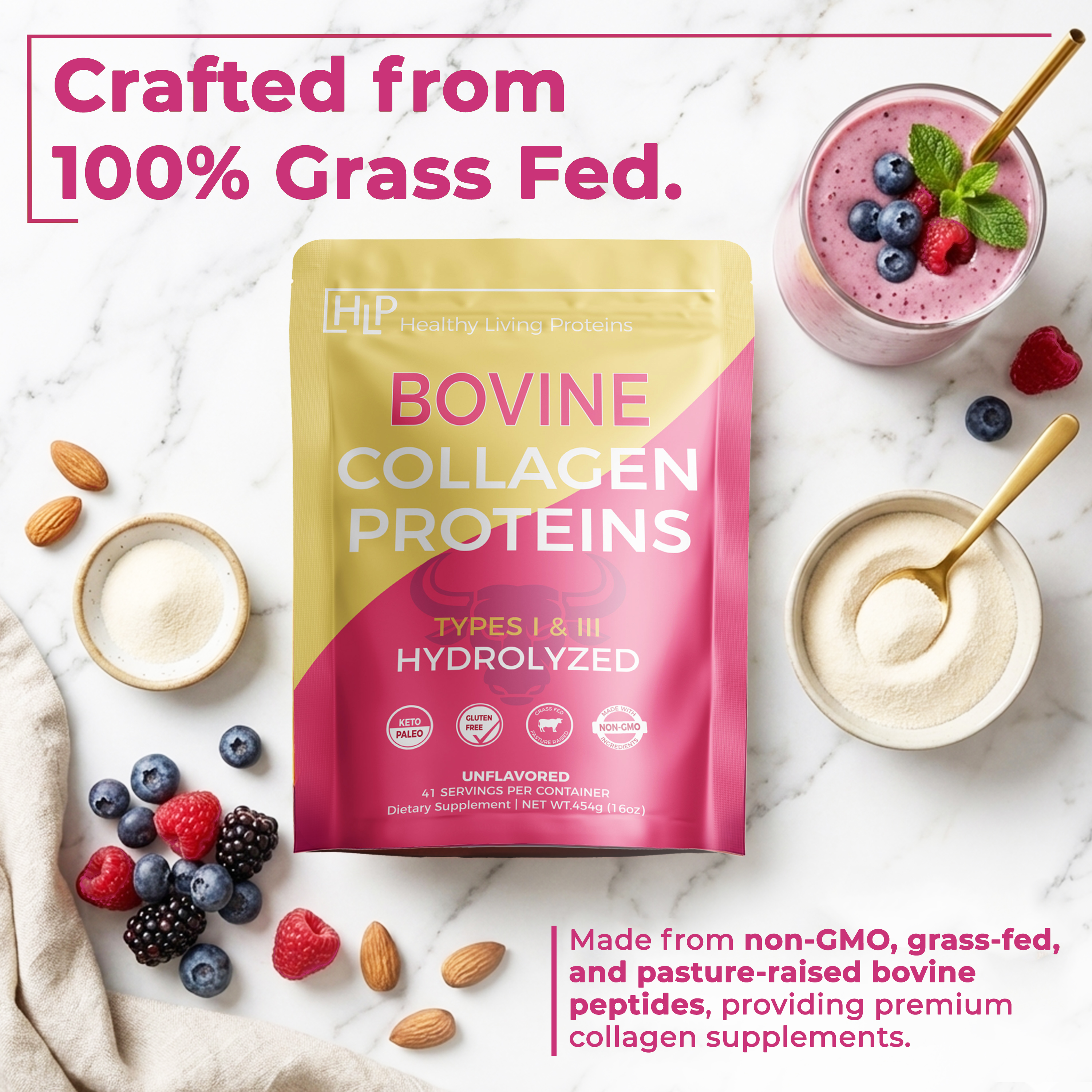 Healthy Living Proteins Grass Fed Hydrolyzed Collagen Peptides Powder Type I & III – 10g Protein, Unflavored, Non-GMO, Keto Paleo Gluten Free, Hair Skin Nails Joints, 1 lb