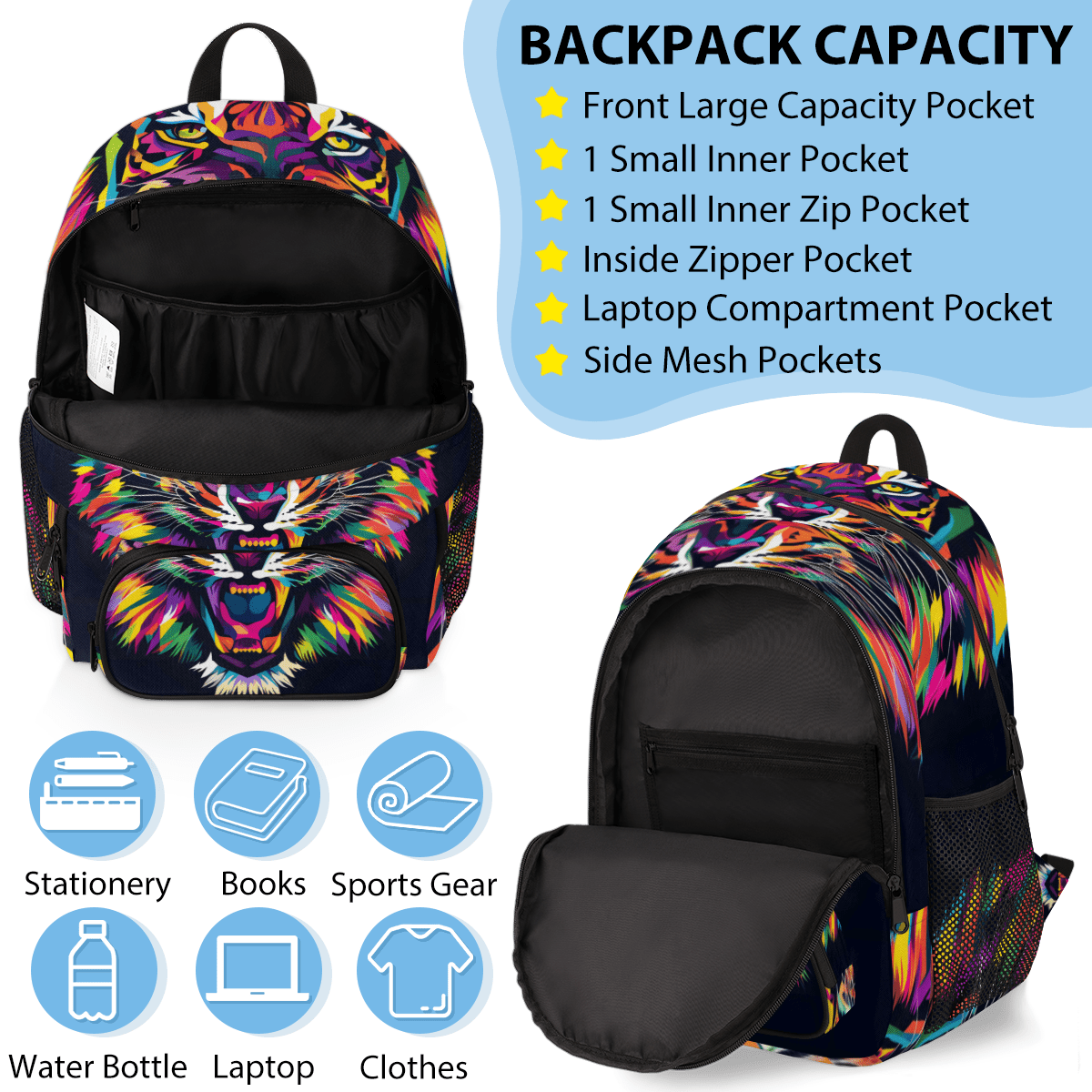 Herdesigns Tiger Large Backpack Set with Lunch Box Lightweight Water Resistant Travel Laptop Backpacks Casual Daypacks for Women Men