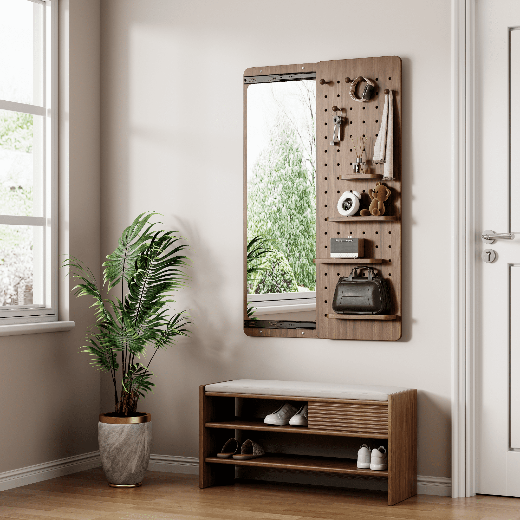 Leumius 47.6"x15.7" Full-Length Mirror, Multi-functional Design Panel Wall-Mounted Full-Length Mirror, Can be Pushed and Pulled for Bedroom Living Room Entrance Walnut