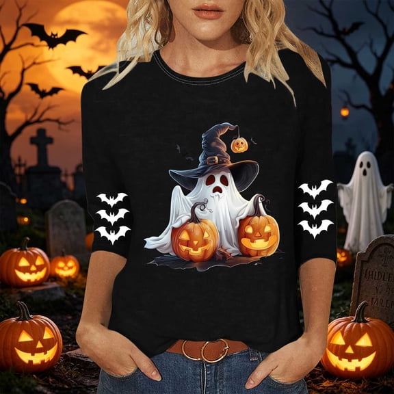 sdhkgrrt Women Plus Size Halloween Graphic Tops 3/4 Sleeve Round Neck Ghost Print Pullover Cute Casual Tunic Shirt Fall Autumn Outfits Clothes, Black S