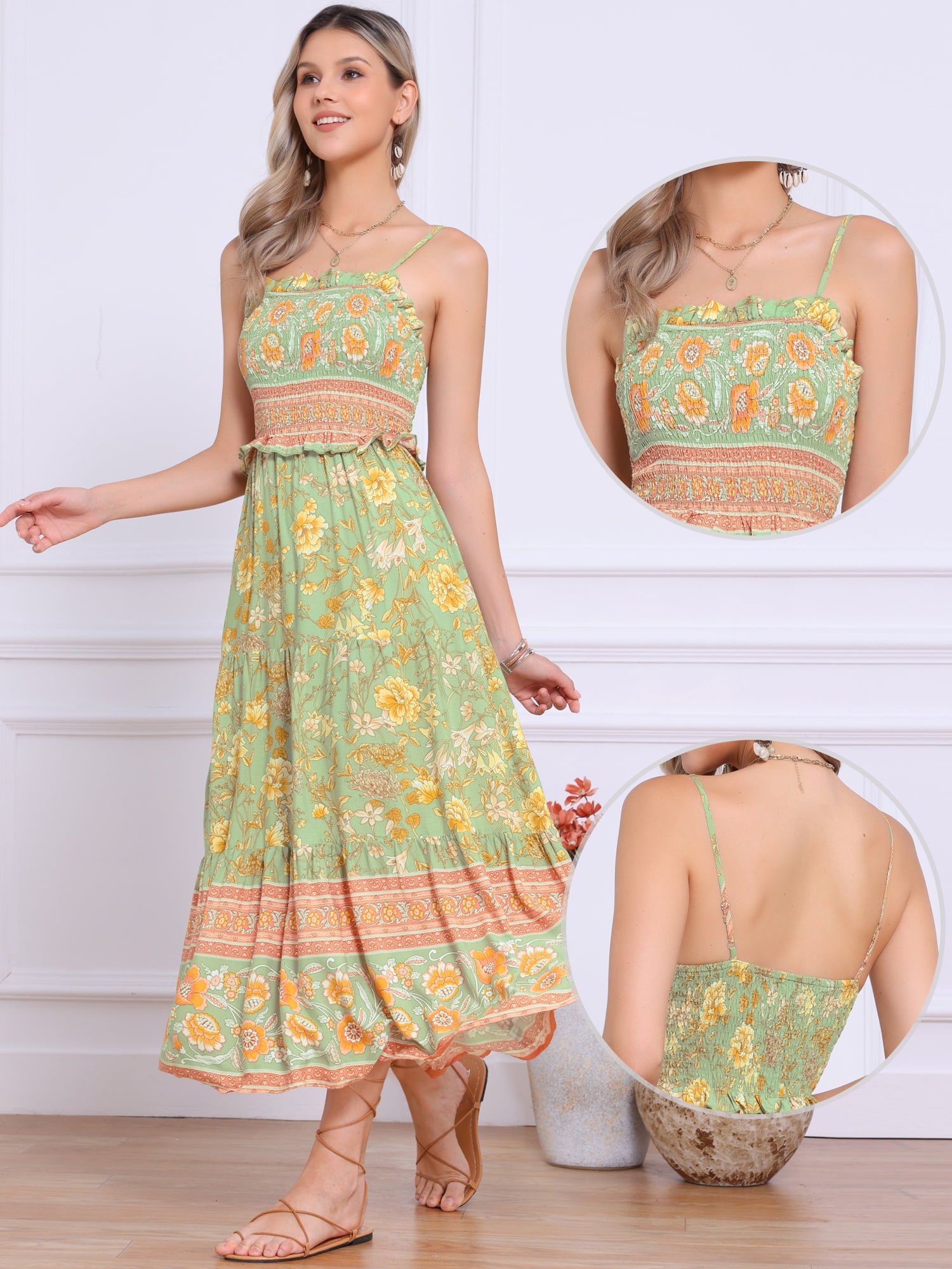 DARING DIVA Women's Boho Floral Spaghetti Strap A Line Maxi Dresses M Gray Green