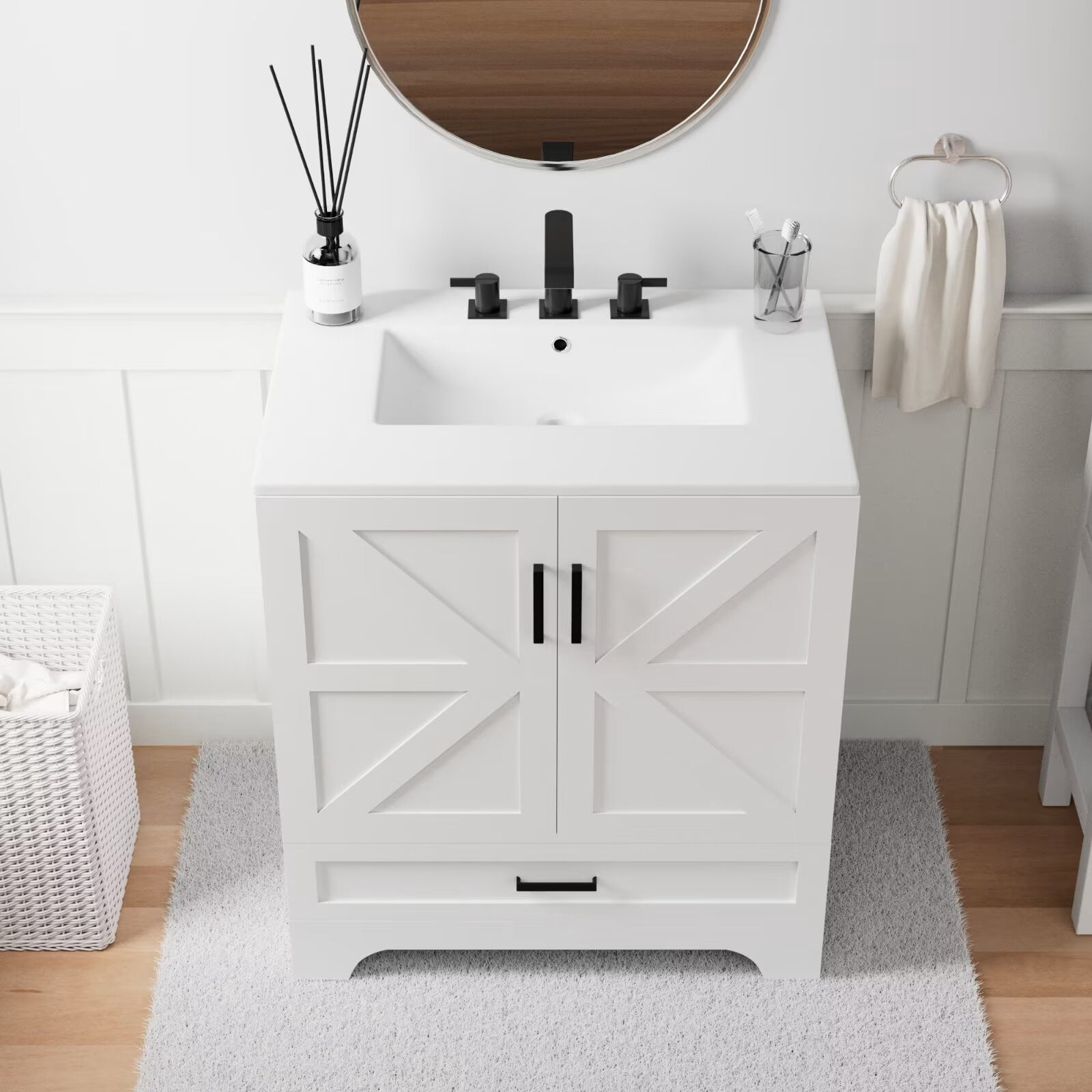 30" Farmhouse Bathroom Vanity with Ceramic Sink, Floor Standing Single Basin Vanity Set, Bathroom Cabinet with Drawer 2 Soft Closing Doors and Metal Handle, White