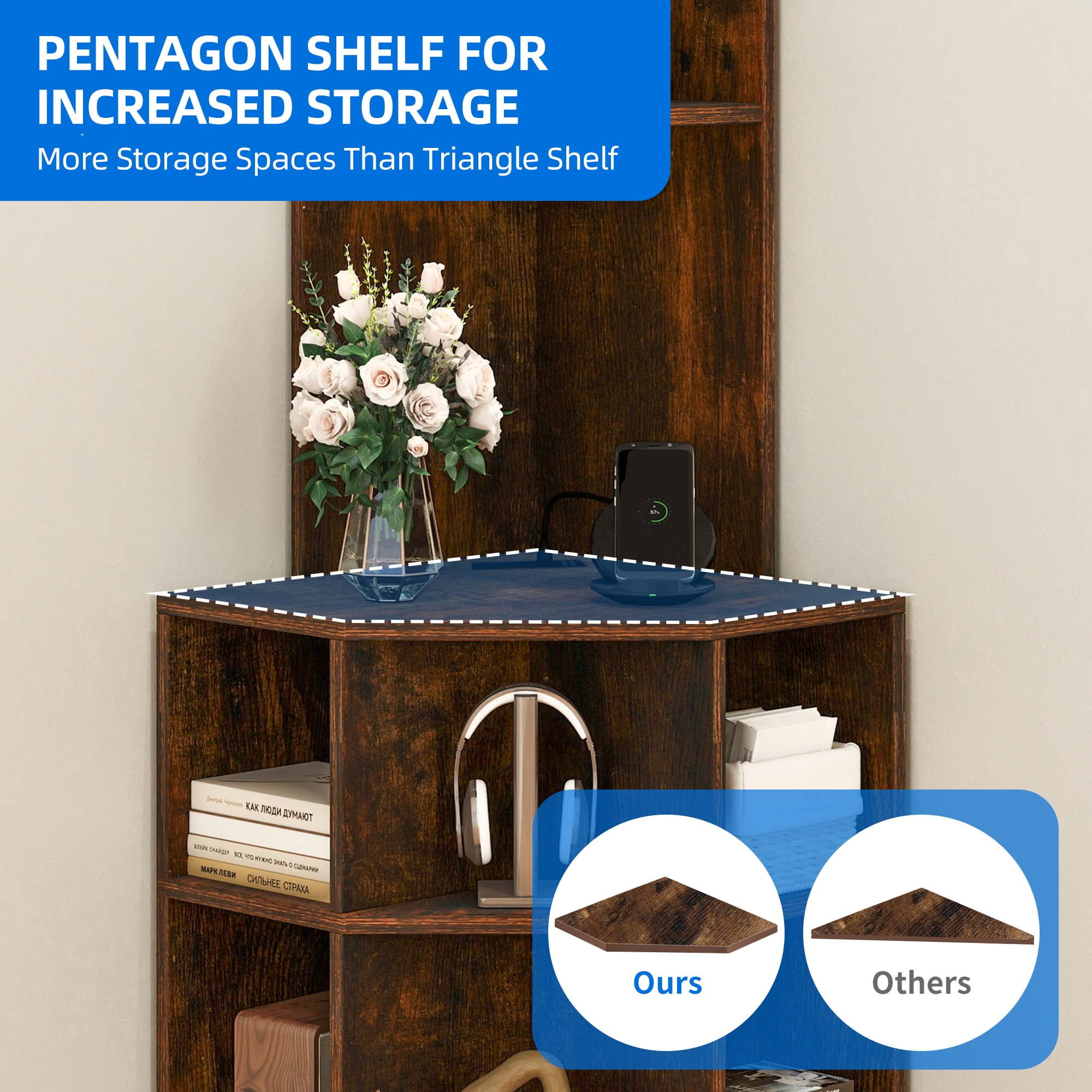 Dextrus 5-Tier Corner Shelf with USB Ports and Outlets, Corner Bookshelf Bookcase Display Shelves Rack Storage Corner Bar Cabinet for Living Room, Home Office, Kitchen, Brown