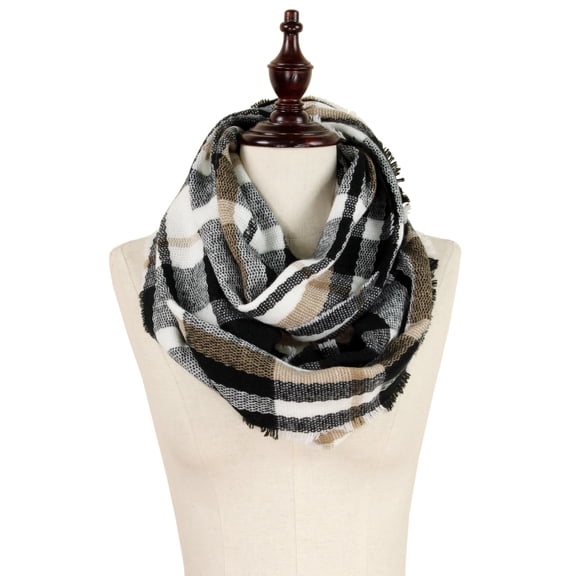 StylesILove Women Stylish Tartan Plaid Infinity Loop Scarf with Fringed Edges (Black)