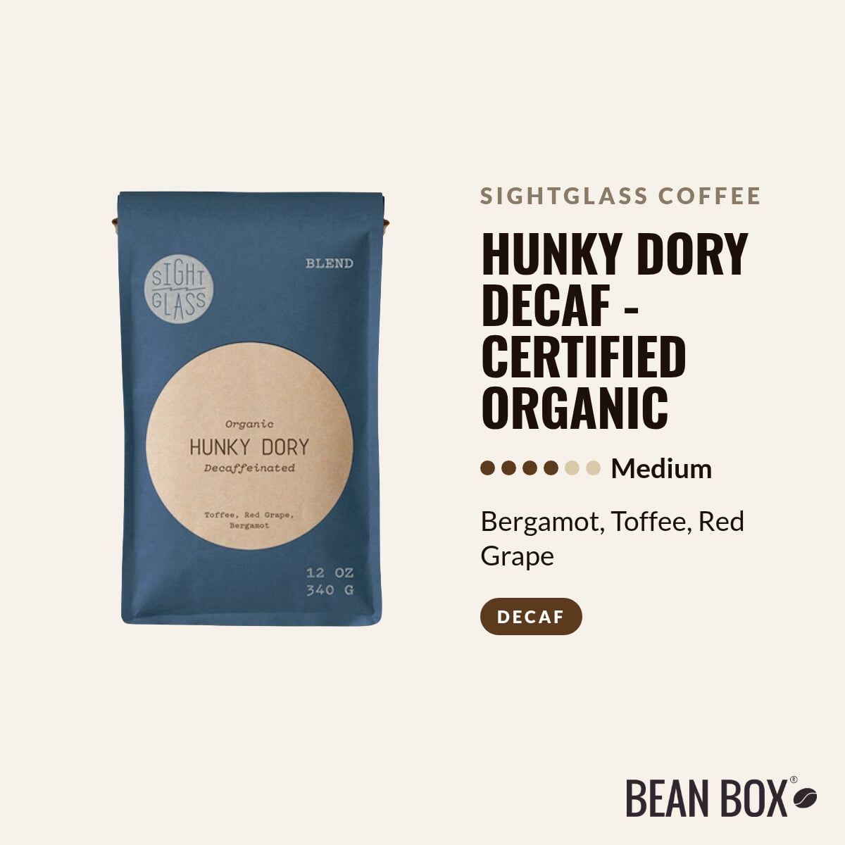 Hunky Dory Decaf - Certified Organic - Roasted by Sightglass Coffee - Whole Bean Coffee - 12oz Bag