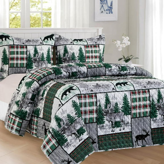 3-Piece Holiday Rustic Plaid Patchwork Reversible Quilt - Soft Bedspread with Matching Pillow Shams, Heavy Weight Premium Stitching All Season Quilted Coverlet - Queen, Forest