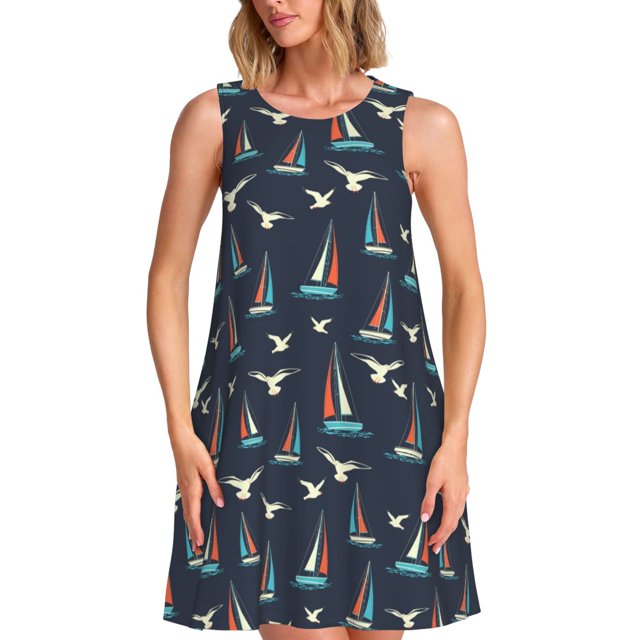 Cauagu Voilier et Mouette pour Femmes Robes d'Été, Robes Sans Manches Décontractées de Vacances Robe Col Rond avec 2 Poches
