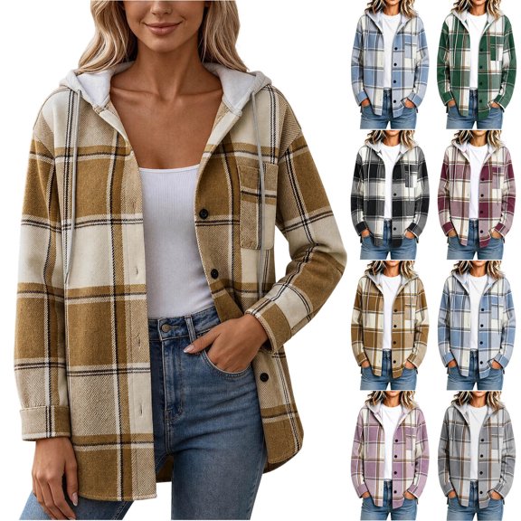 Smsaxvxz Womens Casual Jacket Lightweight Plaid Long Sleeve Hooded Fleece Button Front Closure Warm Coat with Side Pockets Daily Fall Winter Wear Khaki M