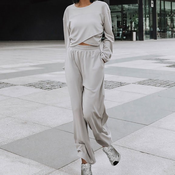 Fanxing Criss Cross Sweatsuits for Women, Teen Girls Y2K Outfits Long Sleeve Tops with Joggers Pants 2 Piece Sets for Juniors Fall Fashion Matching Sets Gray,S
