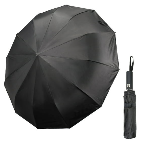 Windproof Compact Stick Umbrella for Rain, Travel One-Click Automatic Open and Close, Lightweight, Portable, Strong Reinforced Fiberglass Ribs, Easily Collapsible, Black