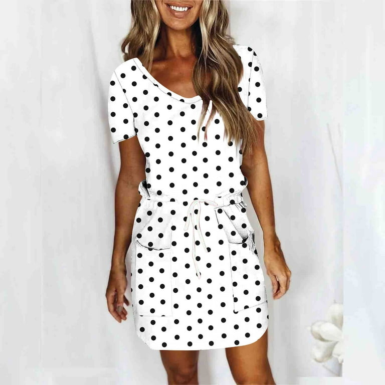 Ovbmpzd Birthday Dress for Women Polka Dot White Mini Dress Short Sleeve V Neck Dresses Long Dresses for Women Formal L, Women's, Size: Large