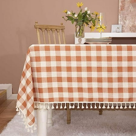 Namzi-b Checkered Rectangle Tablecloth, Heavy Weight Wrinkle Free Cotton Linen Table Cloth Plaid Table Cover for Spring Summer Picnic Kitchen Dinner Restaurant Outdoor ,51*70.8in, Orange
