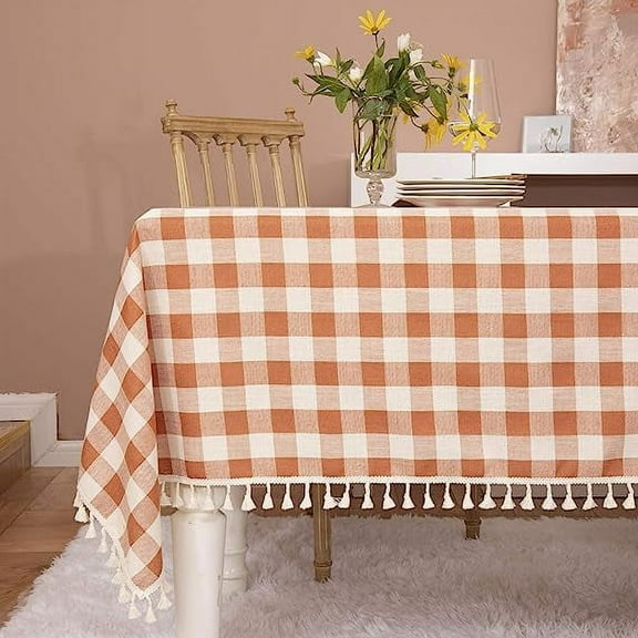 Zhuge Farmhouse Checkered Tablecloth-Cotton Linen Buffalo Plaid Tablecloth for Fall Winter Thanksgiving Christmas Kitchen Dining Restaurant Decor, 51*70.8in, Orange