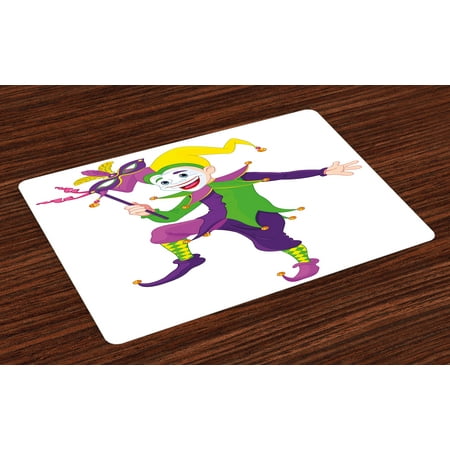 Mardi Gras Placemats Set of 4 Cartoon Style Jester in Iconic Costume with Mask Happy Dancing Party Figure, Washable Fabric Place Mats for Dining Room Kitchen Table Decor,Multicolor, by Ambesonne