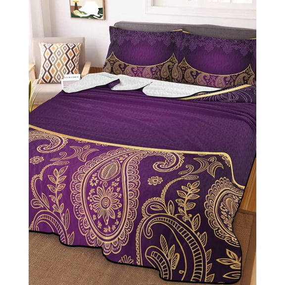 Purple Boho Floral Queen Size Down Alternative Comforter, Lightweight Comforter Quilt Bedding Set with Pillow Shams Vintage Ethnic Tribal Abstract Art All Seasons Bed Comforter Duvet Insert 90"x96"