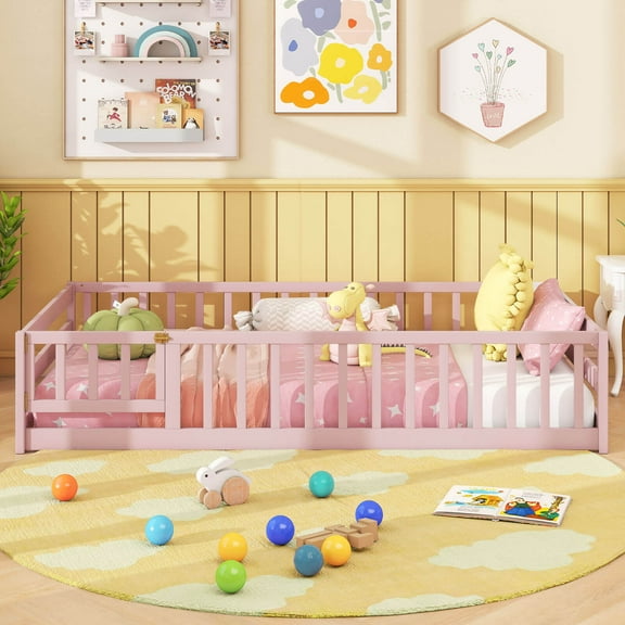 Costway Twin Size Wooden Floor Bed with Full Length Safety Guardrails Door & Latch Pink