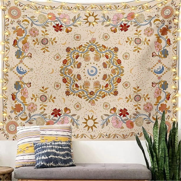 Wall Tapestry Bohemian - Floral Vine Tapestry Wall Hanging Celestial Sun Moon and Star Tapestries Hippie Home Decor Boho Tapestry for Bedroom Aestheti