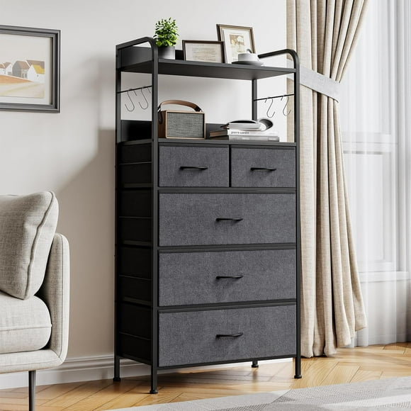 5-Drawer Fabric Dresser Tower: Vertical Storage Organizer for Bedroom, Closet, Hallway & Living Room (Grey)