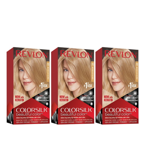 Revlon ColorSilk Beautiful Permanent Hair Dye, Dark Brown, At Home Full  Coverage Application Kit, 70 Medium Ash Blonde, 3 Pack 