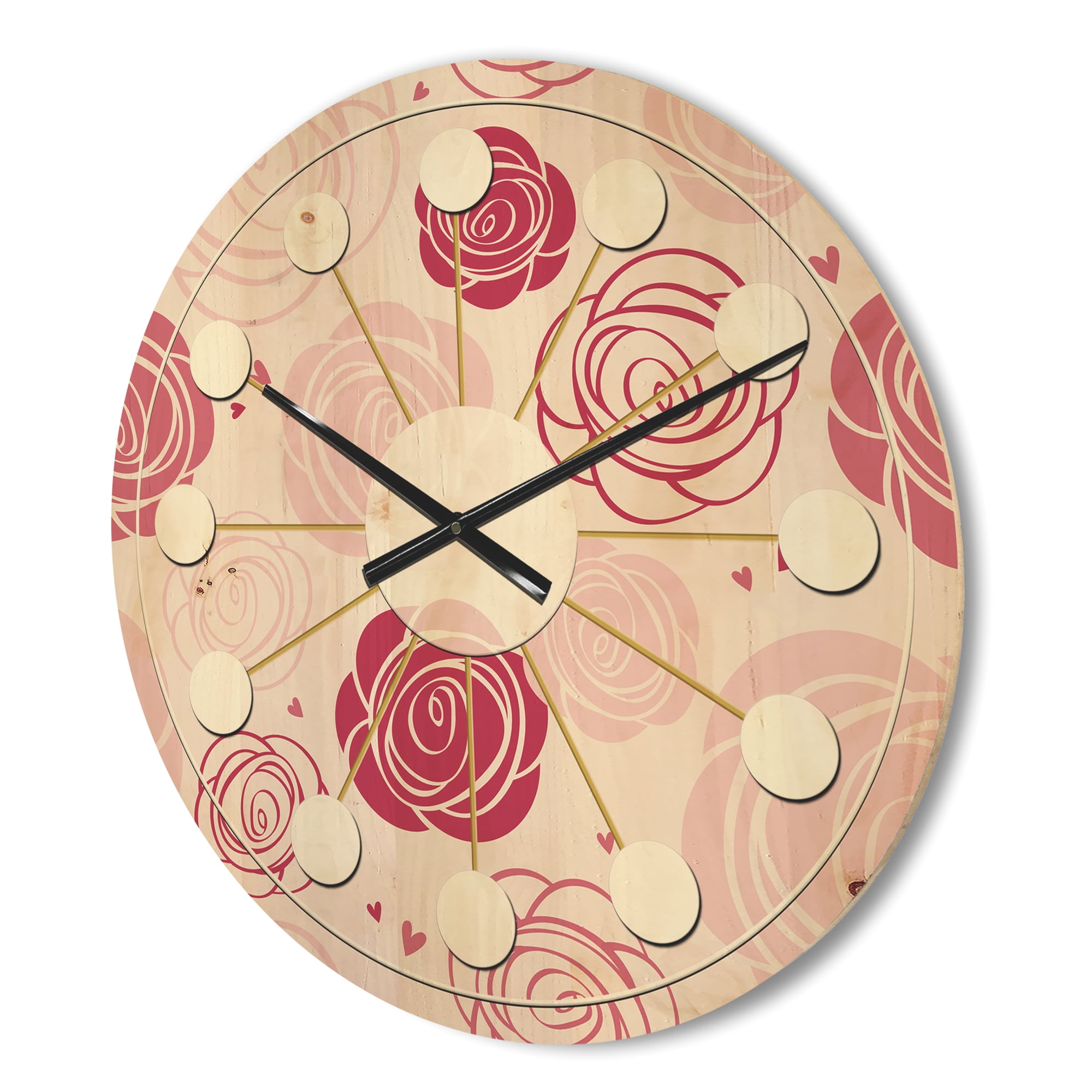 Designart 'Roses Retro Pattern' Mid-Century Modern Wood Wall Clock
