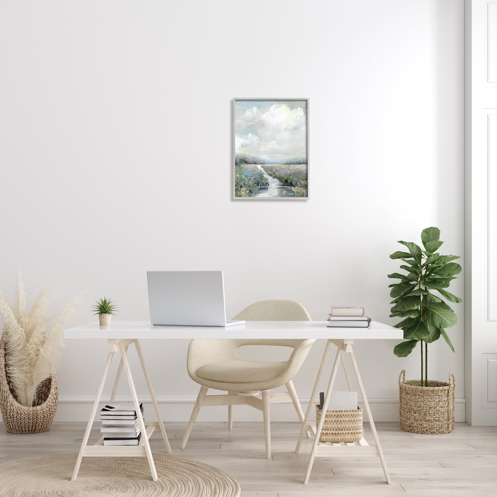 Stupell Industries Tranquil Flowers Blooming Meadow Path Puffy Clouds Painting Gray Framed Art Print Wall Art, Design by Sally Swatland