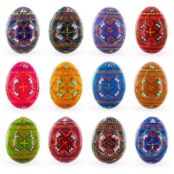 Set of 12 Handcrafted Geometric Ukrainian Pysanky Wooden Easter Eggs 2.5 Inches