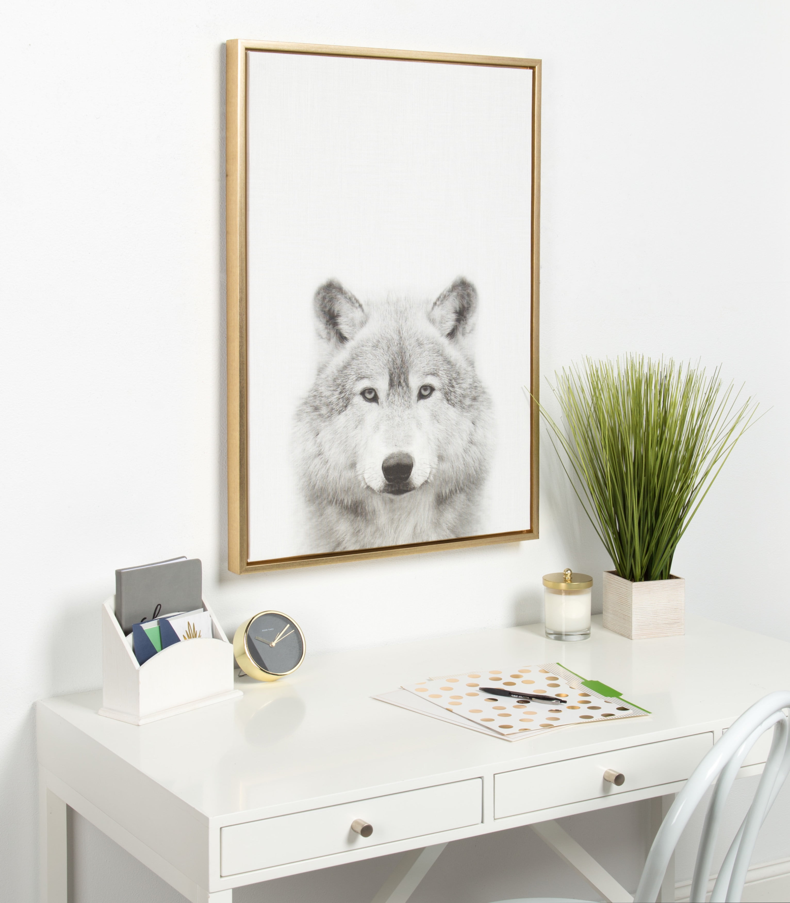 Kate and Laurel Sylvie Wolf Animal Print Black and White Portrait Framed Canvas Wall Art by Simon Te Tai, 23x33 Gold