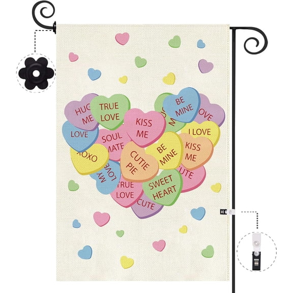 Happy Valentine''s Day Garden Flag 12.5x18 Inch Double Sided Burlap,Cute Candy Love Hearts Flag Anniversary Wedding Holiday Yard Lawn Outdoor Outside Decoration
