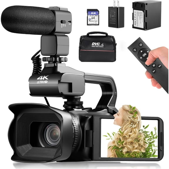4k Video Camera Camcorder with 18X Digital Zoom,64MP Vlogging Camera for YouTube,4.0-inch Rotating Touchscreen,64GB SD Card,Microphone,Remote Control,Durable Battery(Black)