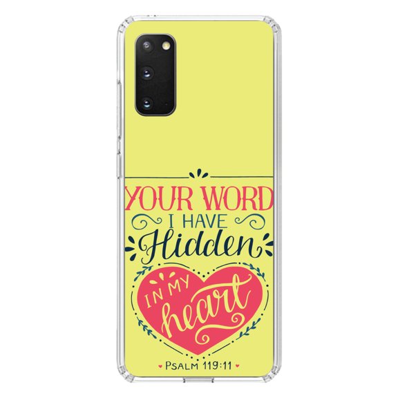 DistinctInk Clear Shockproof Hybrid Case for Galaxy S20 PLUS / 5G (6.7" Screen) - TPU Bumper, Acrylic Back, Tempered Glass Screen Protector - Psalm 119:11 - Your Word I have Hidden in My Heart