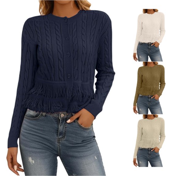 HCYSFG Womens Cable Knit Crewneck Long Sleeve Fringe Hem Relaxed Fit Textured Pullover Casual Everyday Layering Tops