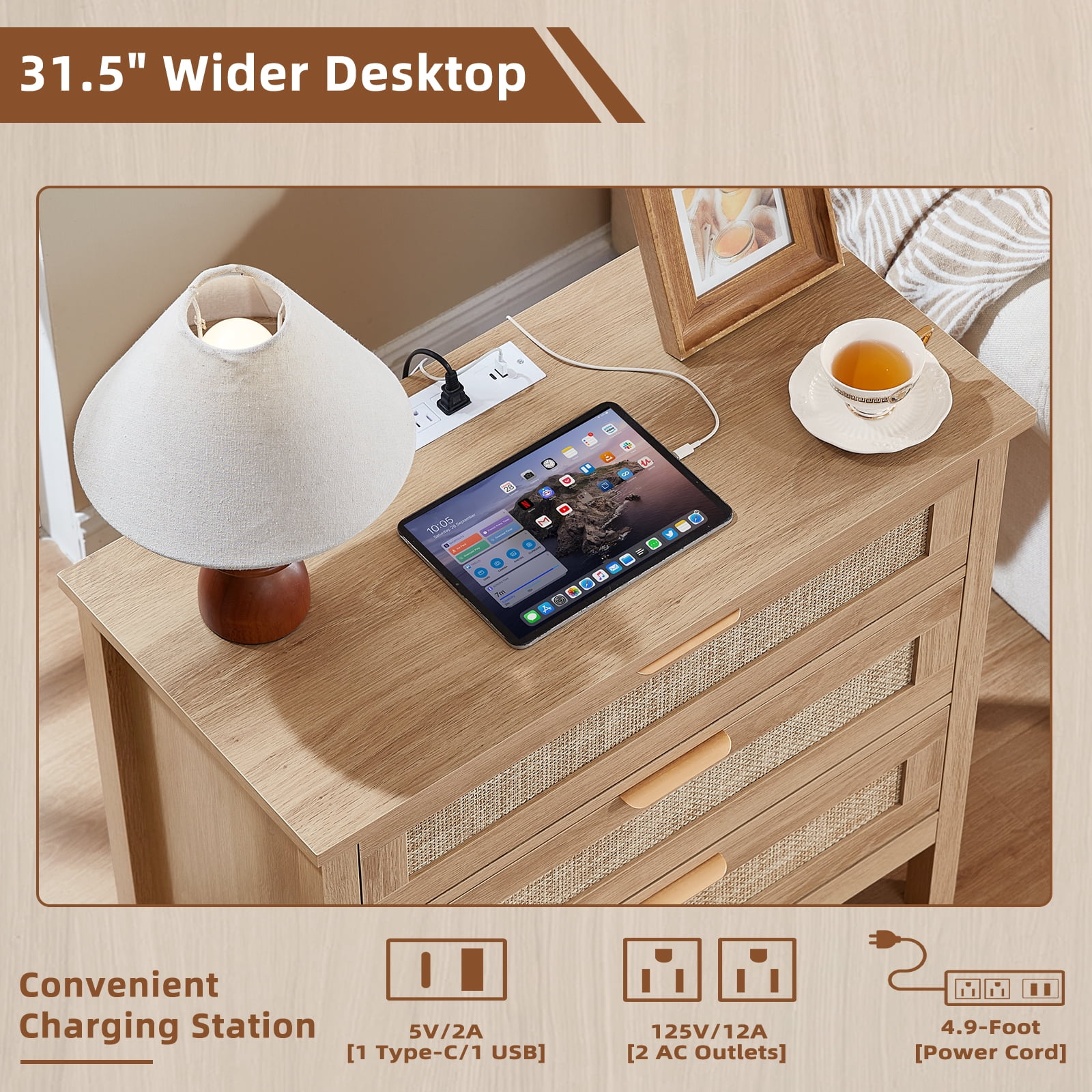 Leyaoyao 3-Drawer Storage Nightstand with Charging Station, 31.5" Wide Rattan Bedside Table, Boho Storage Cabinet with Shelf for Bedroom, Living Room, Natural