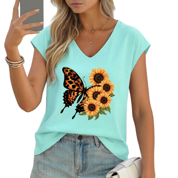 UNISHE Women's Leopard Print Butterfly and Sunflowers V-Neck Sleeveless T-Shirt Casual Summer Tank Top
