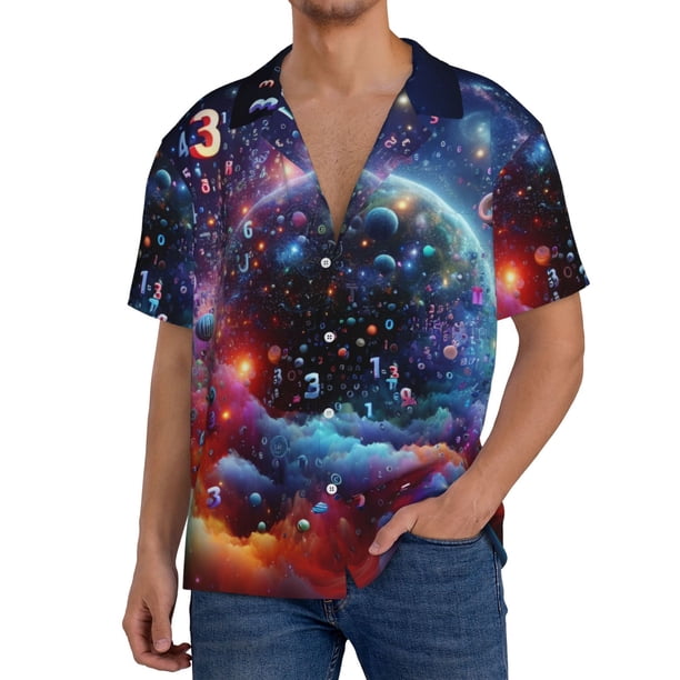 Balery Outer Space Floating Numbers And Letters Camisa Casual de Manga Corta con Botones para Hombre, Texturizada, Estilo Cubano, para Playa, Verano-3X-Large