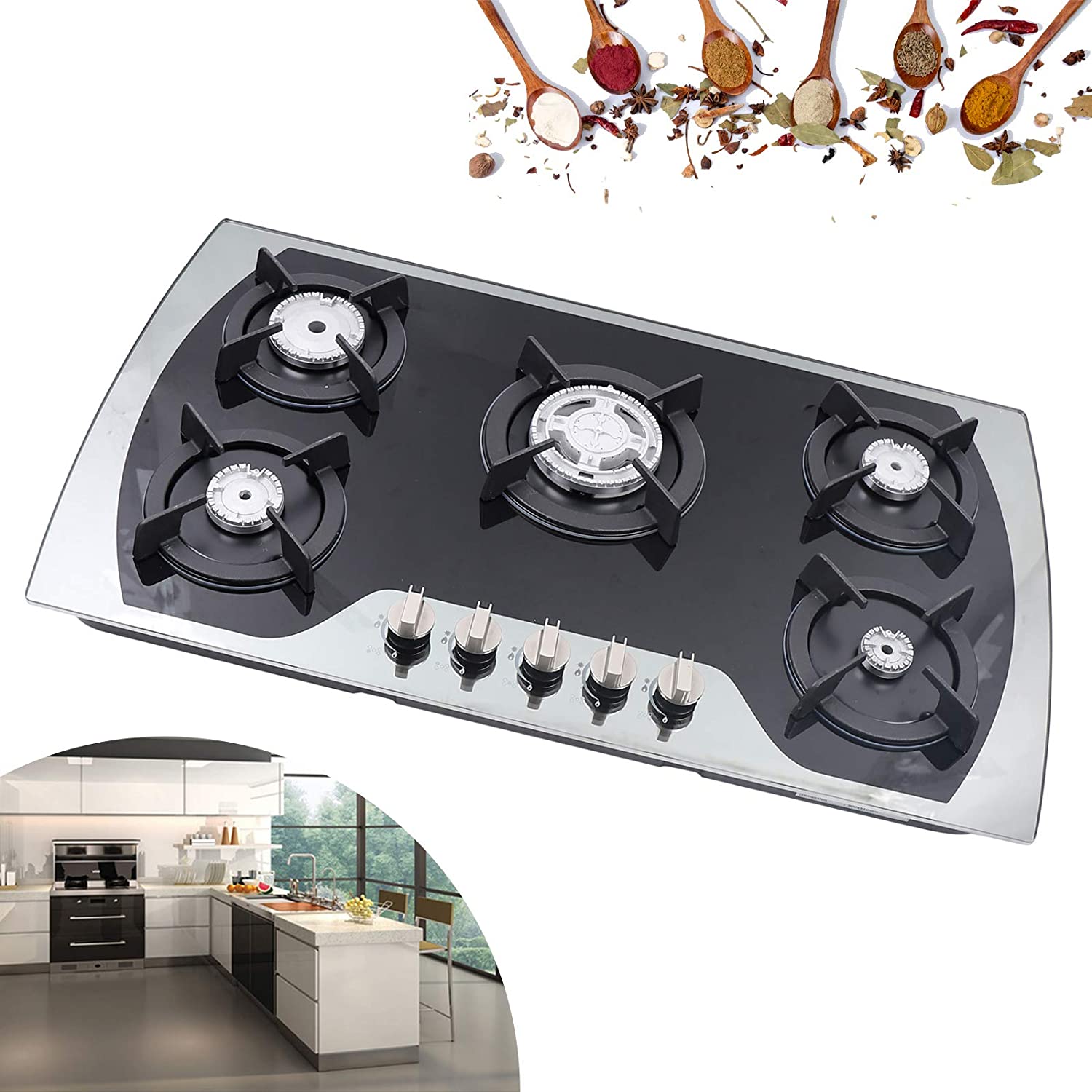 Fetcoi, Gas Cooktop 35.4" Tempered Glass LPG/NG Gas Built in 5 Burner Gas Stove Iron Grate Stove Hob Cooktop Tempered Glass Fuel