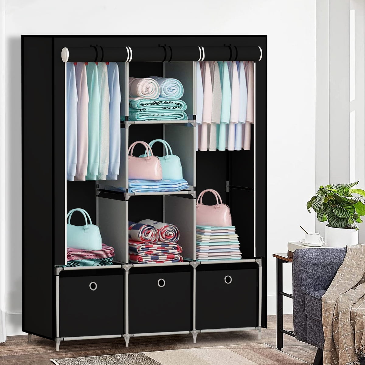 Portable Clothes Closet with 3 Drawers Boxes Closet Organizer with 8 Shelf  66" Wardrobe Clothes Storage Rack for Home Bedroom - Walmart.com