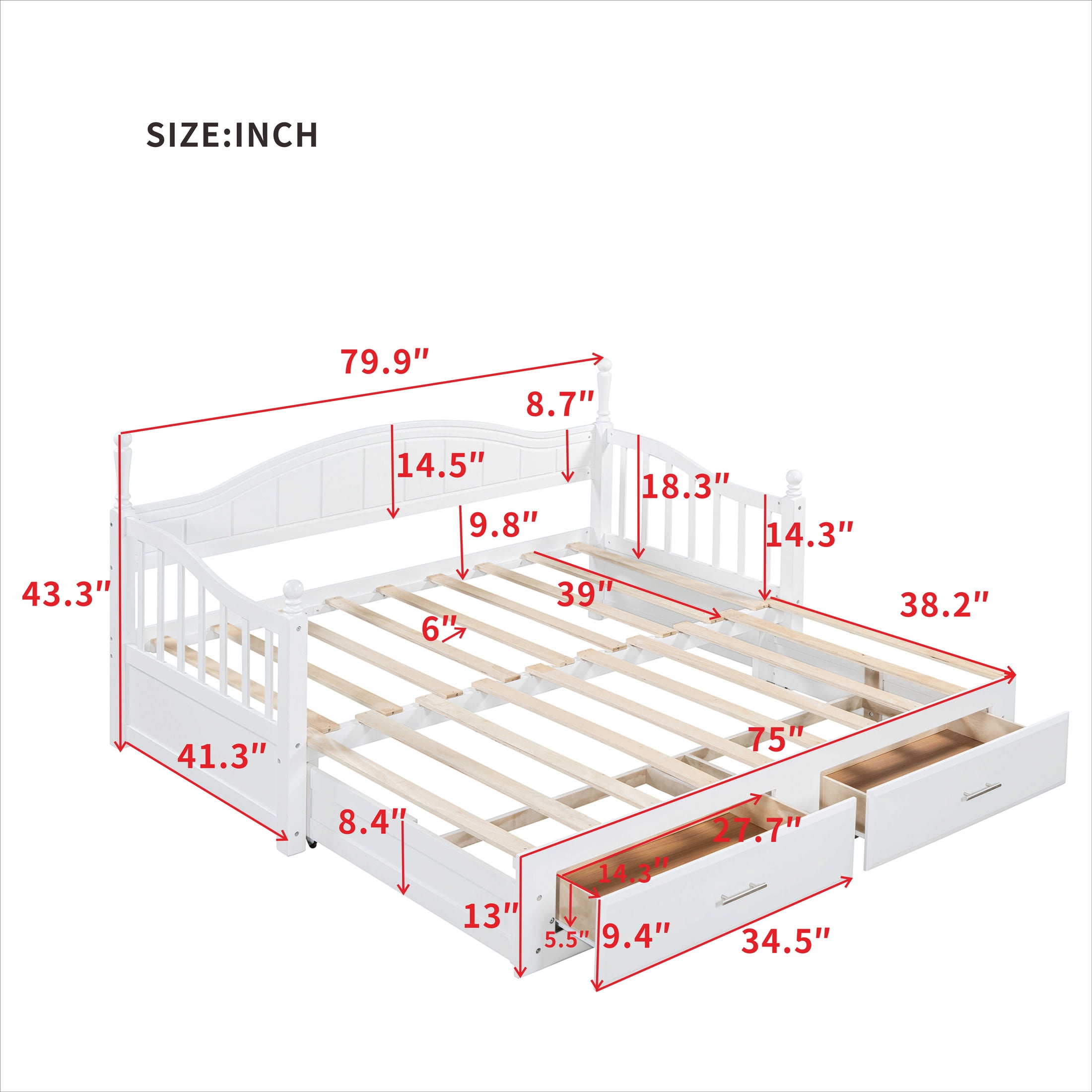 Noble House Wooden Twin Size Daybed with Twin Size Trundle, Extendable Daybed with Two Storage Drawers,White