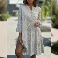thumbnail image 1 of Vestidos acampanados de manga de siete cuartos para mujer, estilo dulce, estampado geométrico, dobladillo de empalme, vestido de pastel para mujer, jersey con cuello en V, vestido informal, 1 of 4