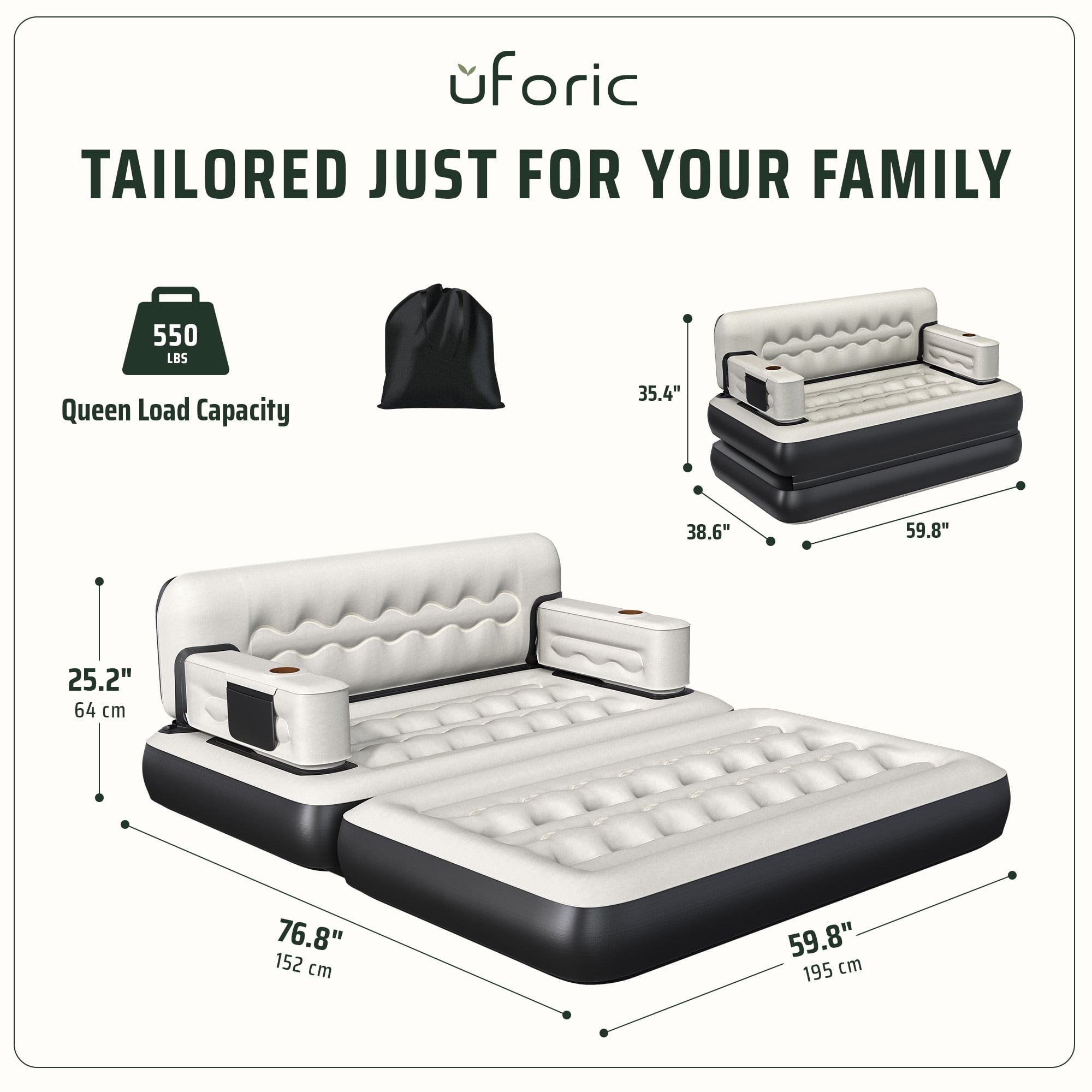 Uforic Queen Size 2-in-1 Convertible Air Sofa Bed with Wave Headboard, Pump, Cup Holders & Storage Pocket for Guest Camping, Gray