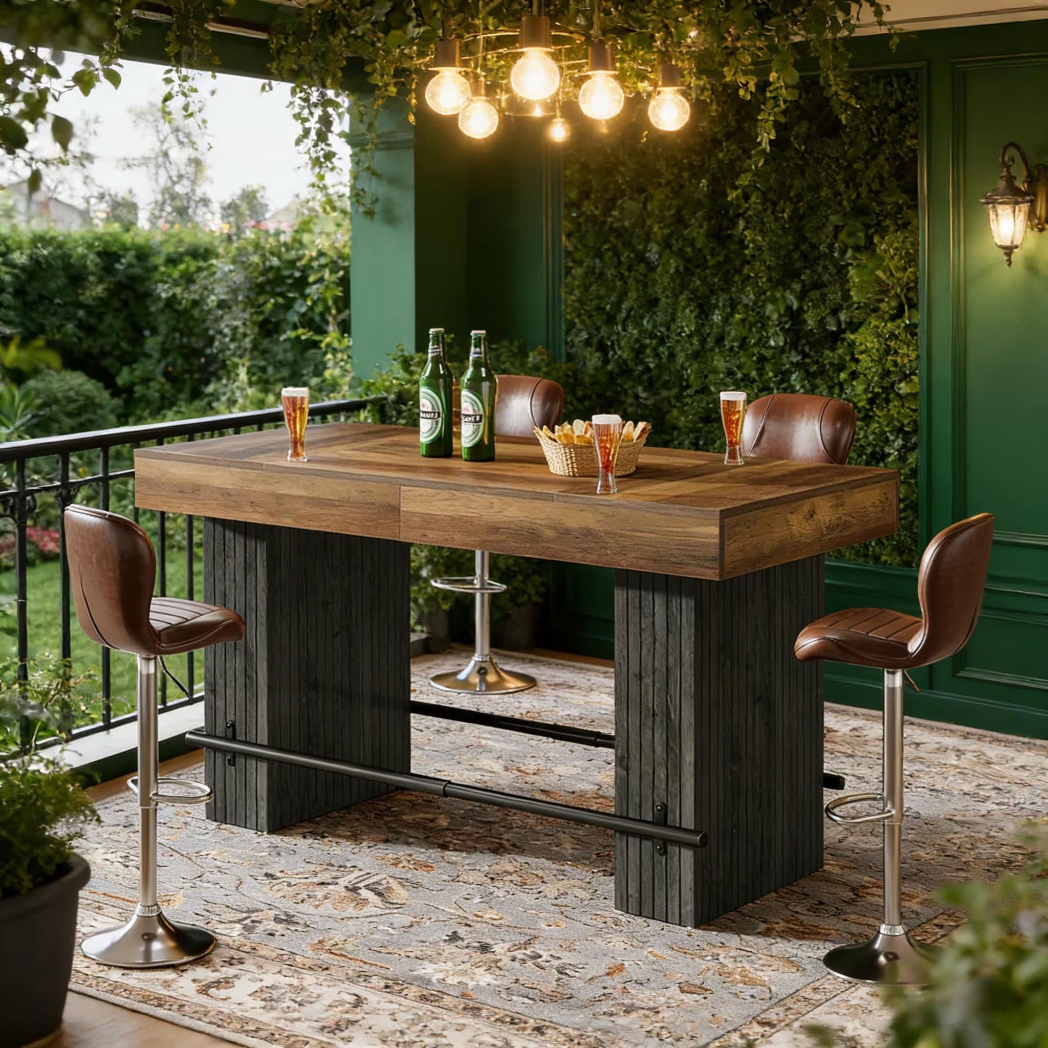 MAYEERTY 62" Industrial Bistro Bar Table, Pub Table with Metal Footrest, Counter Height Table for Home Bar, Kitchen and Living Room