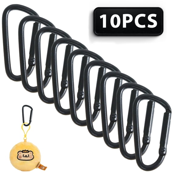 10 Pack Black D Shape Carabiner Clips, Zinc Alloy Lightweight Spring Clips for Keychain Backpack Camping