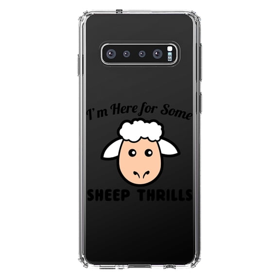 DistinctInk Clear Shockproof Hybrid Case for Samsung Galaxy S10  PLUS (6.4" Screen) - TPU Bumper Acrylic Back Tempered Glass Screen Protector - I'm Here for Some SHEEP Thrills