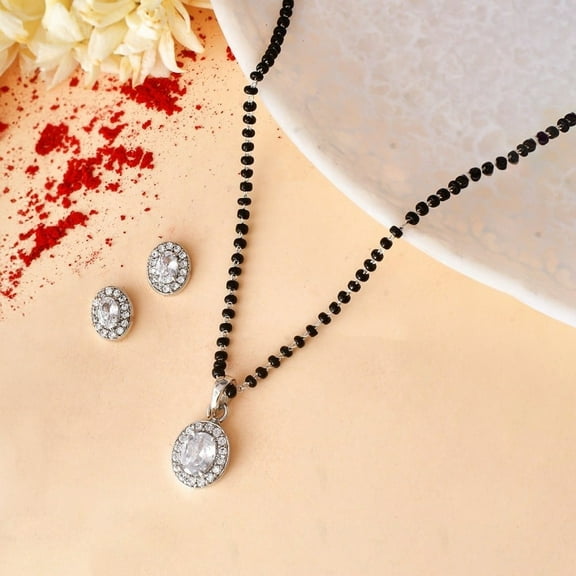 Voylla Sparkling Essential White Oval Cz Studded Silver Mangalsutra Necklaces (Multicolour)