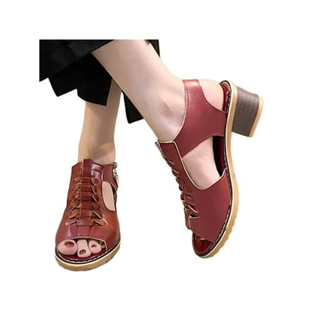 

Woobling Women Chunky Heels Stacked Heel Sandals Peep Toe Dress Sandal Womens Summer Shoes Hollow Out Side Zip Non Slip Wine Red 6.5