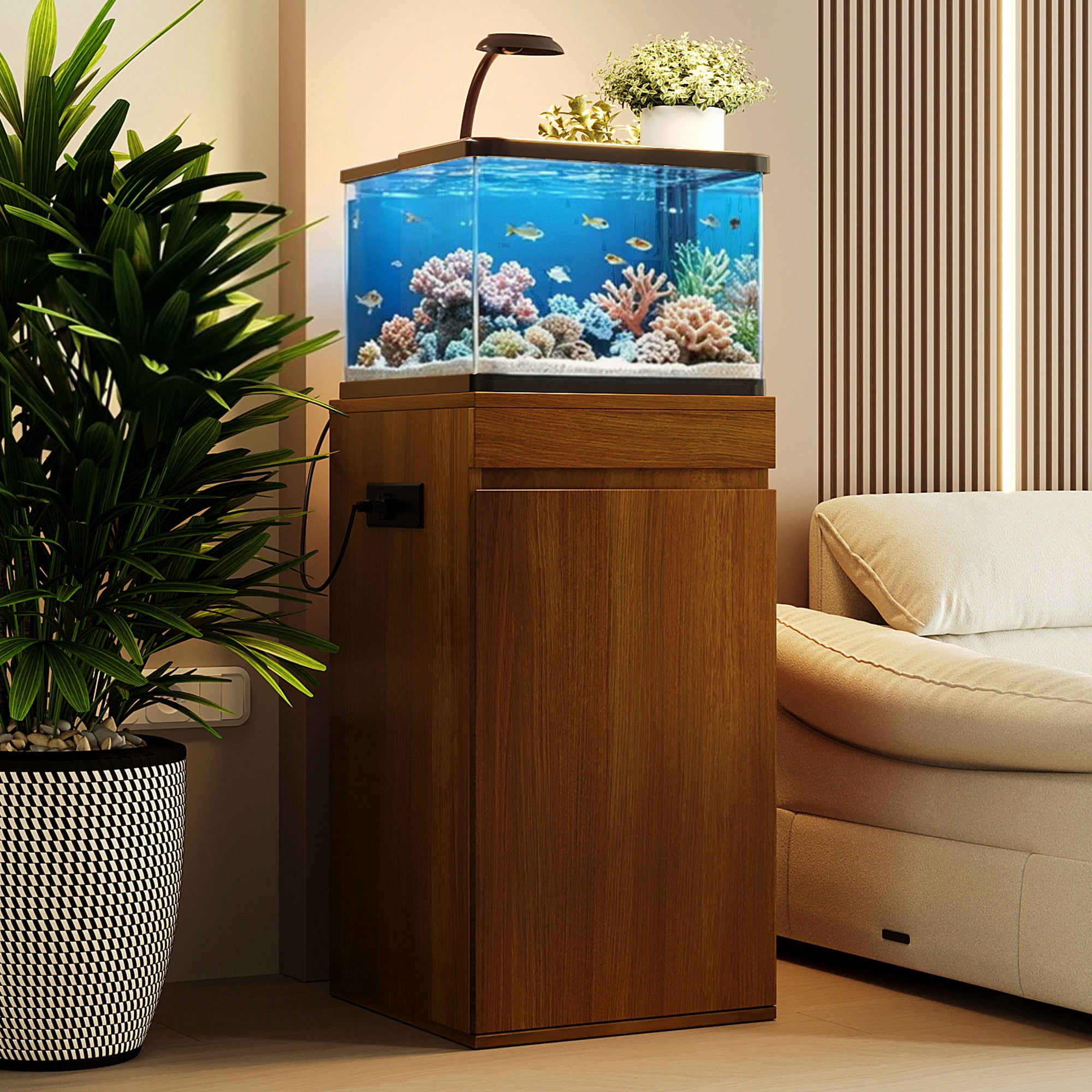 Mintazer 10-15 Gallon Fish Tank Stand with Charging Station, Aquarium Stand with Storage Cabinet & Adjustable Shelf, Heavy Duty Small Fish Tank Stand, 330lbs, Brown