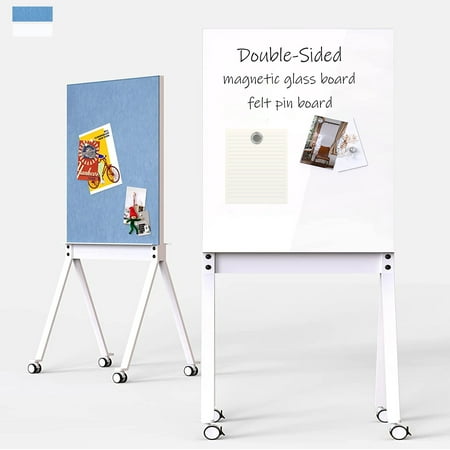TOWON Double-sided Mobile Stand Whiteboard Pizarra on Wheels - Large Magnetic Glass Dry Erase White Board + Felt Pin Board with Accessories for Home Office