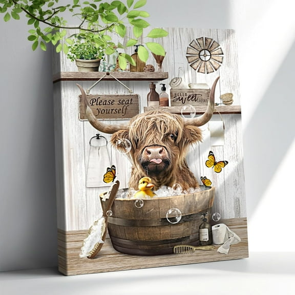 AatoeaX Highland Cow Wall Art Rustic Farmhouse Floral Cow Canvas Pictures Wall Decor Country Animal in Bathtub Prints Painting Artwork for Bathroom Bedroom Living Room Home Decorations