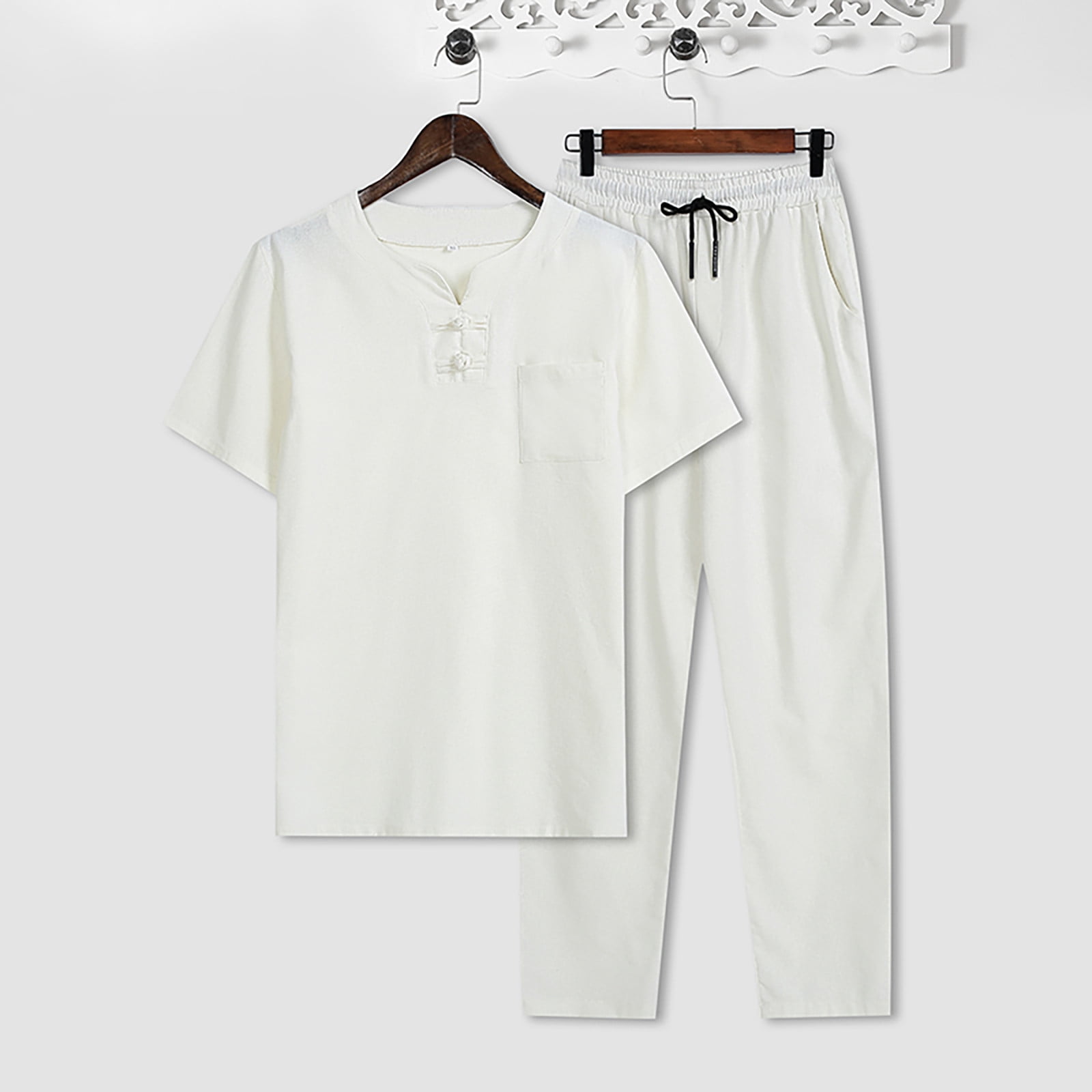 ZXHACSJ Men's Retro Cotton Linen Short-sleeved T-shirt Top Loose pants ...