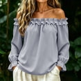thumbnail image 6 of ClodeEU Women's Off Shoulder Long Sleeve Blouse, Casual Solid Color Top with Ruffled Trim Gray,Women's Plus L, 6 of 8