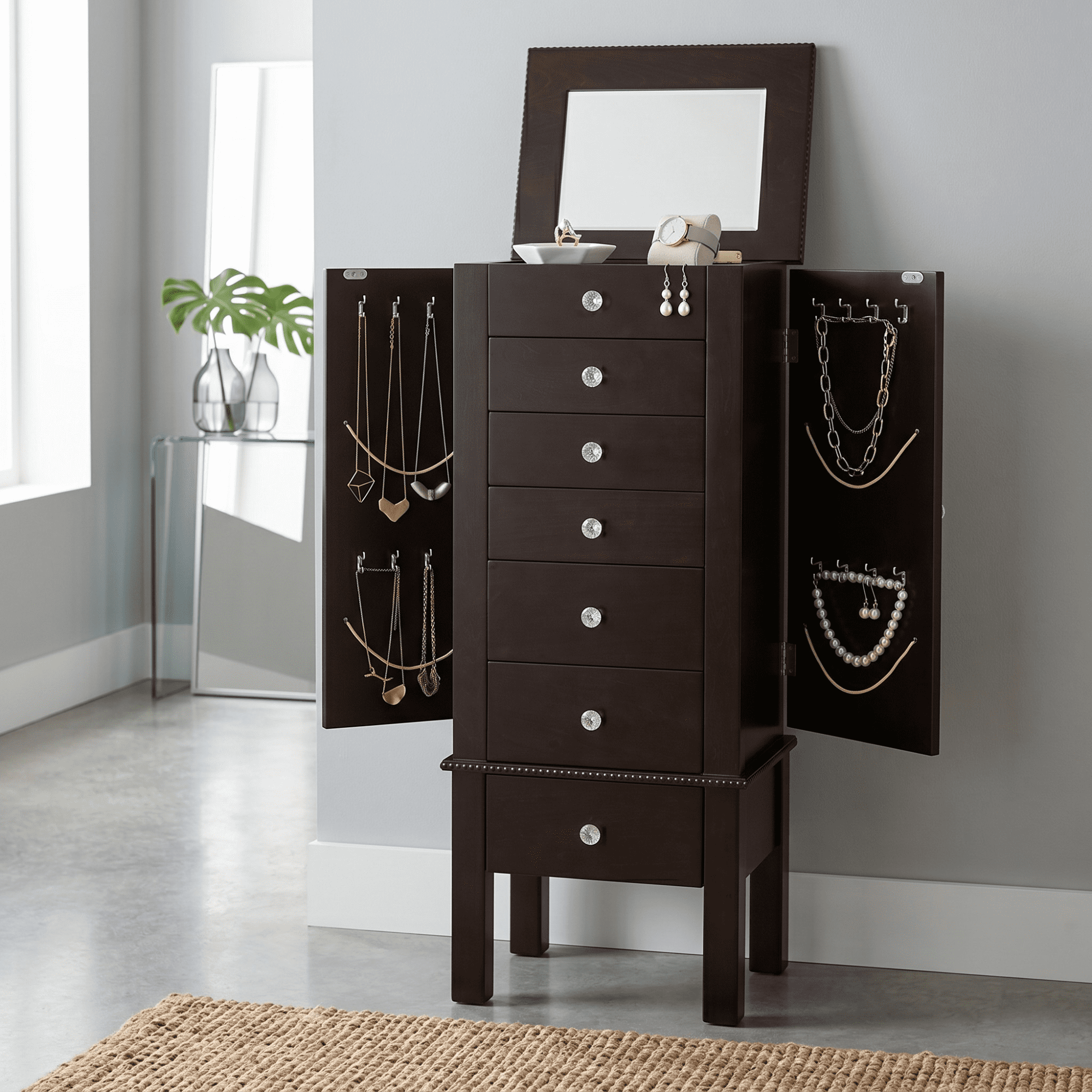 Hives & Honey - Crystal Standing Women's Wood Jewelry Armoire - Espresso